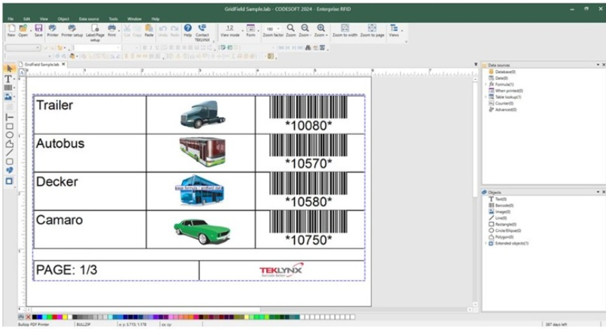 Interfaccia CODESOFT con progettazione GridField e barcode