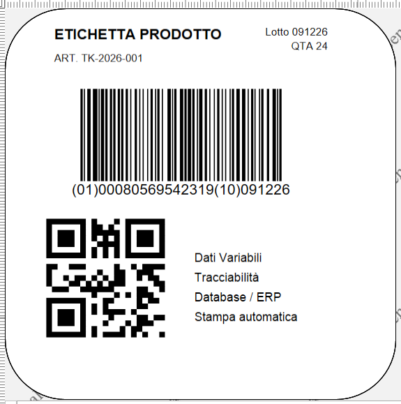 Etichetta prodotto con codice a barre GS1, QR Code, dati variabili e tracciabilità